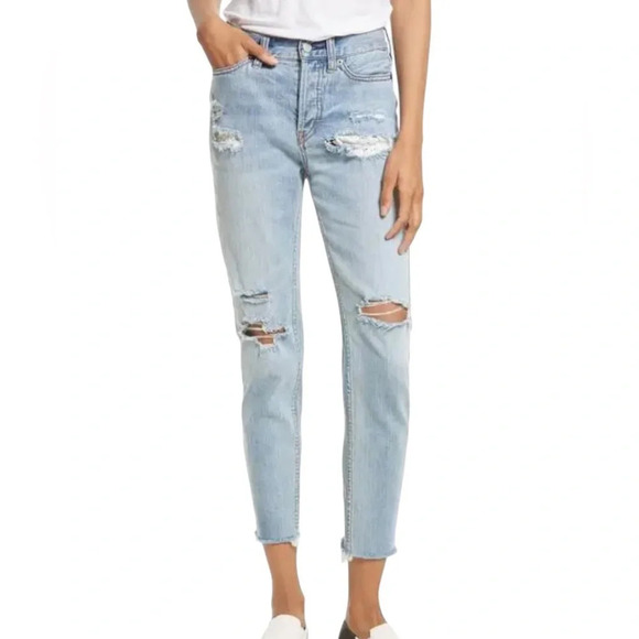 Free People Lacey Stilt Distressed Denim Lace Trim Jeans Light Blue Size 28 - Picture 14 of 14